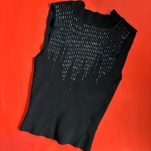 Vintage Black Bead Embellished Knit Sleeveless Backless Tank Top